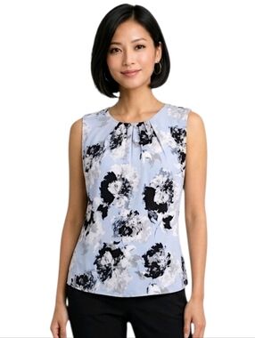 Calvin Klein Blue Floral Pleated Neck Keyhole Closure Sleeveless Blouse Size SP